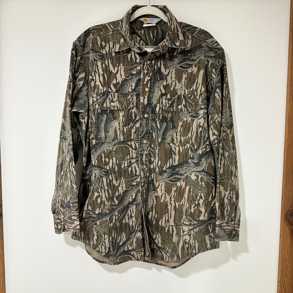 Vintage Carhartt Mossy Oak Camo Shirt Mens L USA Hunting Workwear Button Up